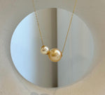 Elly’s Double Au750 18k Gold 7.7-11.7mm South sea golden Akoya Ocean Pearls Floating pendants:Extreme luster mirrored.