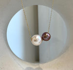 Elly’s Double Au750 18k Gold 10.6-13mm Edison Pearls Floating pendants:Extreme luster mirrored, S925 silver chain clips set.