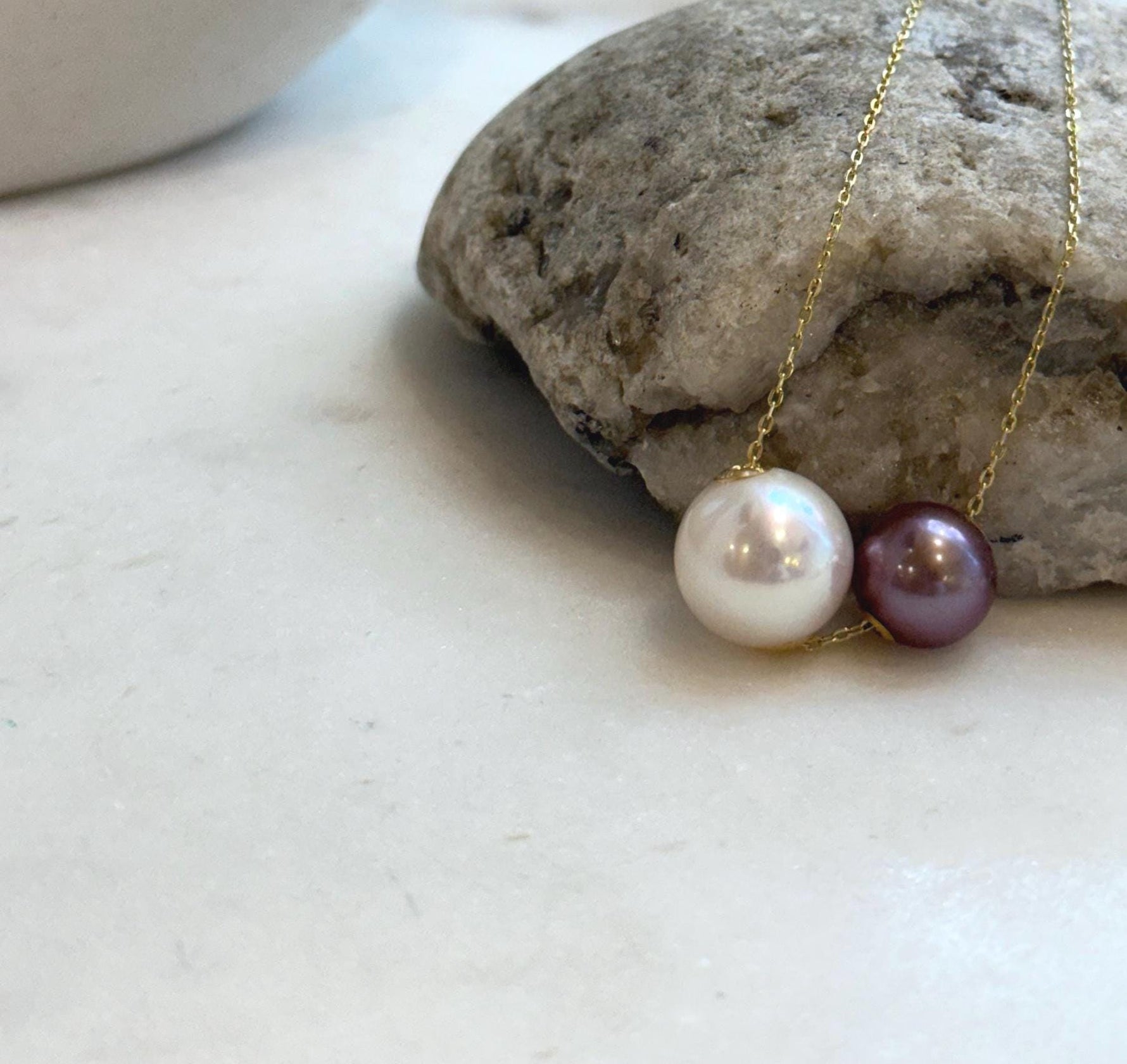 Elly’s Double Au750 18k Gold 10.6-13mm Edison Pearls Floating pendants:Extreme luster mirrored, S925 silver chain clips set.