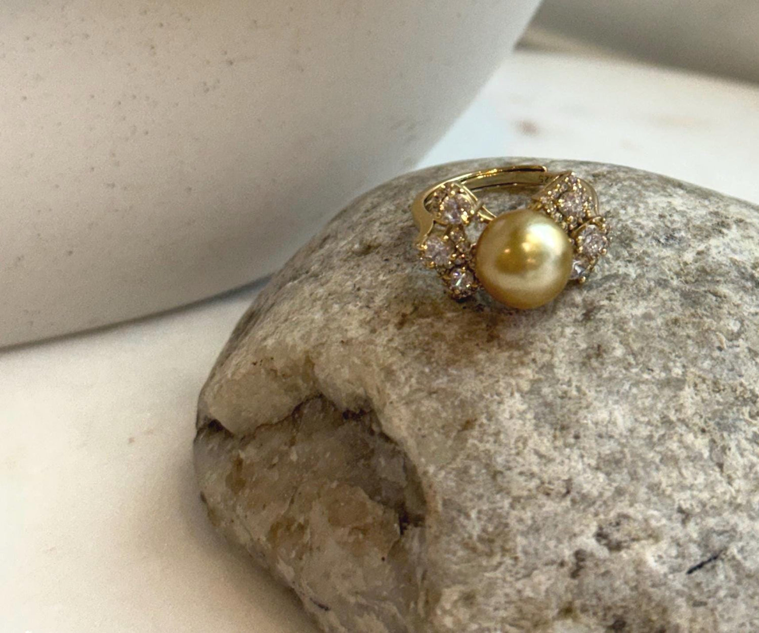 Elly’s 9.7mm South sea deep Tea gold ocean pearl Ring: Extreme luster, 1.2x2cm, S925 silver with gold plated adjustable Vintage Ring.