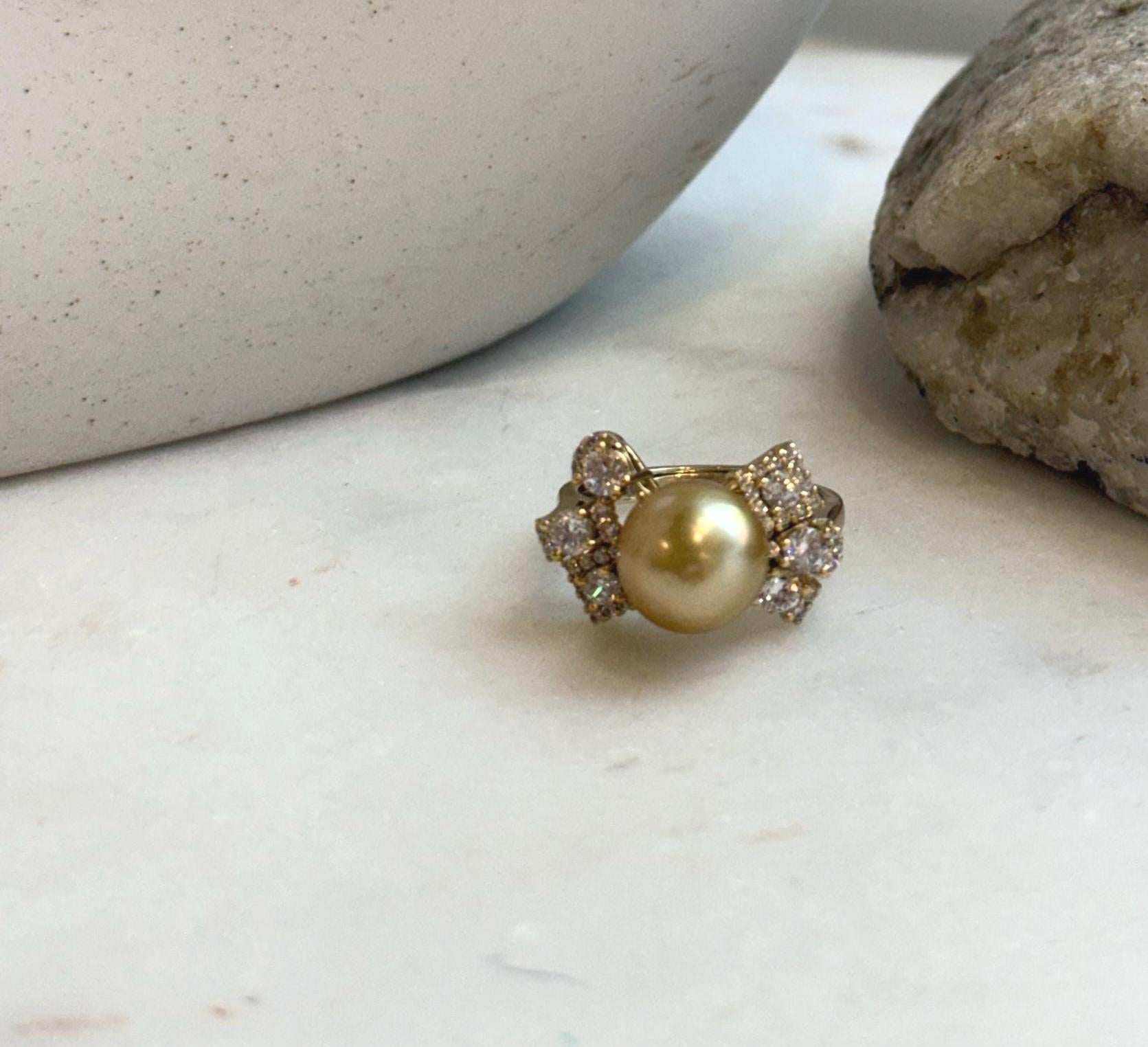Elly’s 9.7mm South sea deep Tea gold ocean pearl Ring: Extreme luster, 1.2x2cm, S925 silver with gold plated adjustable Vintage Ring.