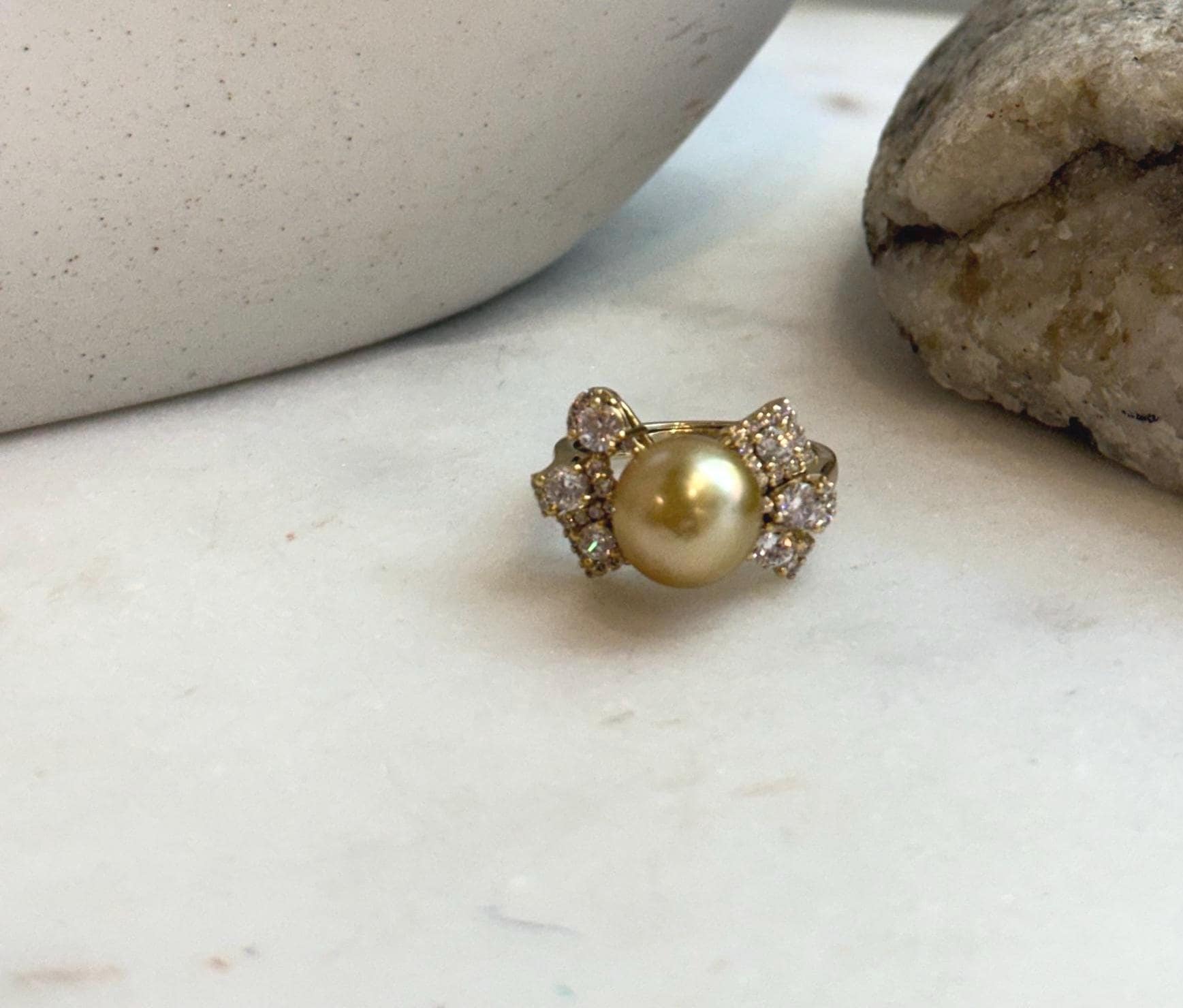 Elly’s 9.7mm South sea deep Tea gold ocean pearl Ring: Extreme luster, 1.2x2cm, S925 silver with gold plated adjustable Vintage Ring.