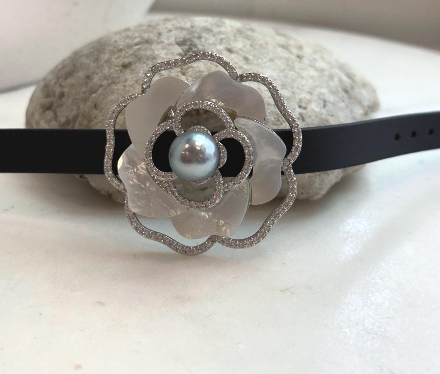 Elly’s Tahitian Silver platinum Ocean Pearl Genius Leather Strap Floral Bracelet: 10.9mm, extreme luster mirrored, for 5.7”- 7.3” wrist.