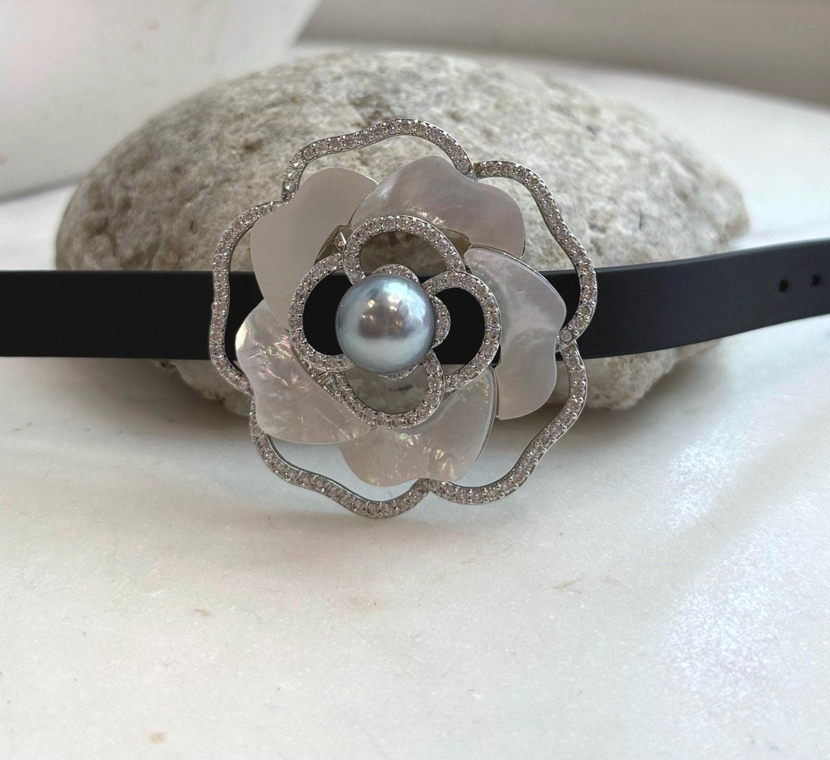 Elly’s Tahitian Silver platinum Ocean Pearl Genius Leather Strap Floral Bracelet: 10.9mm, extreme luster mirrored, for 5.7”- 7.3” wrist.