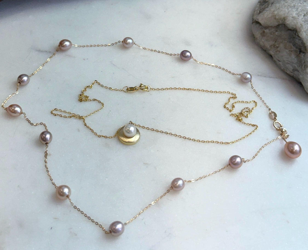 Genuine Akoya ocean pearl pendant with freshwater Keshi pearl satellite necklace in S925 sterling silver.