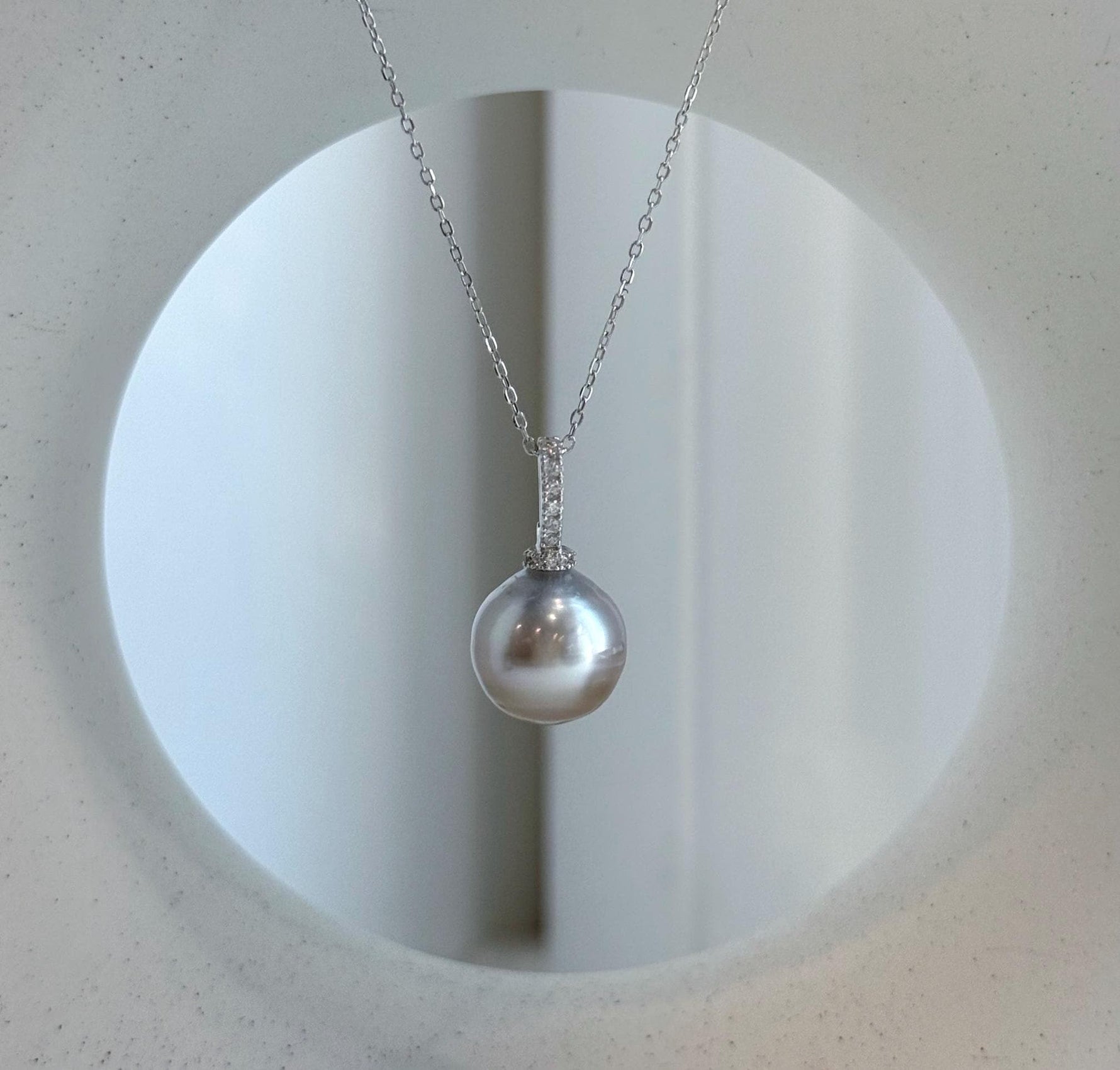 Elly’s 12mm Tahitian Taupe ocean Pearl pendant: Extreme luster mirrored, S925 silver minimalist pendant, 2.2cm high.