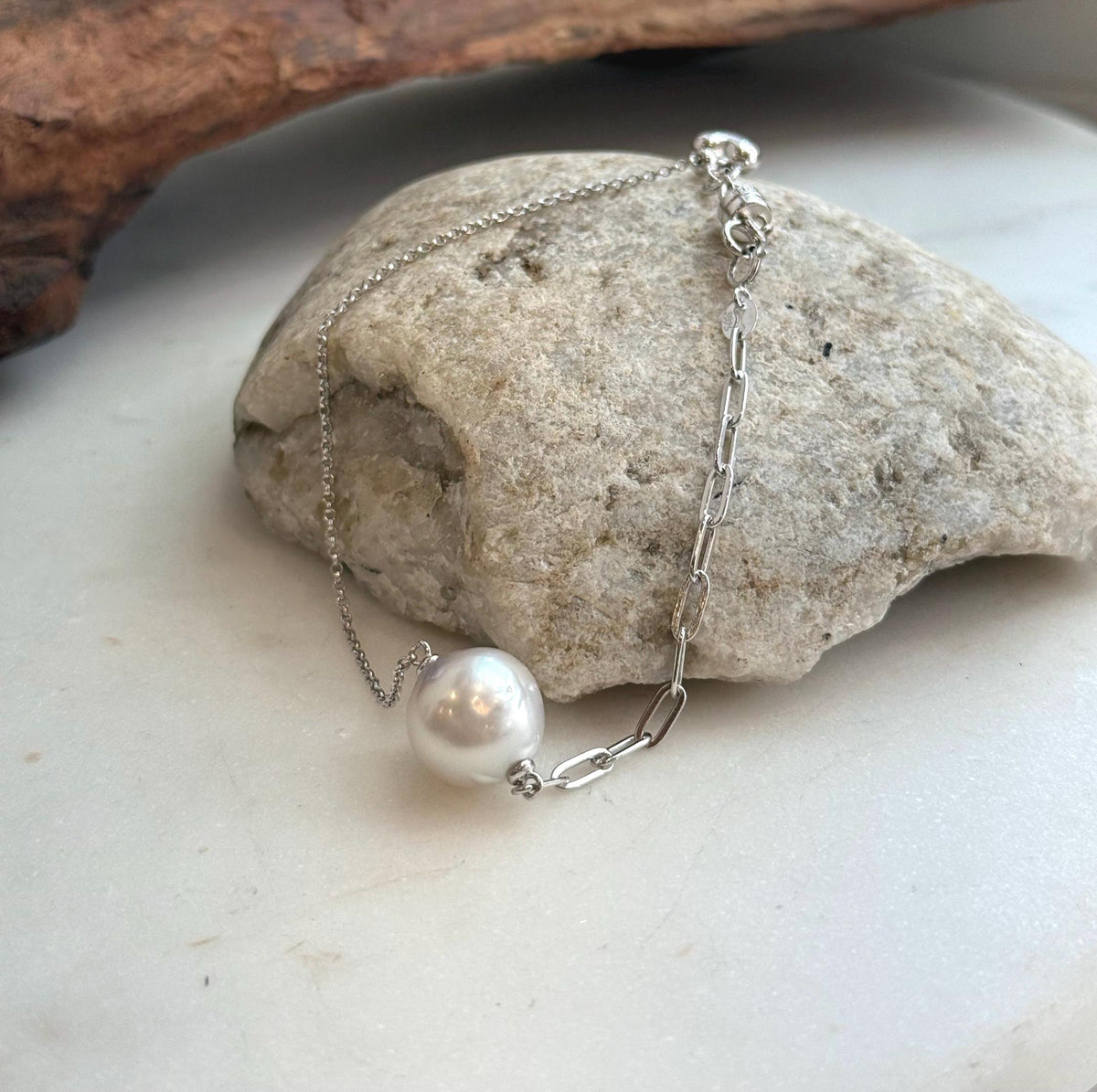 Elly’s 12.9mm Australian Ocean white silver Pearl bracelet: Extreme luster, to 8.3”, S925 silver adjustable bracelet.