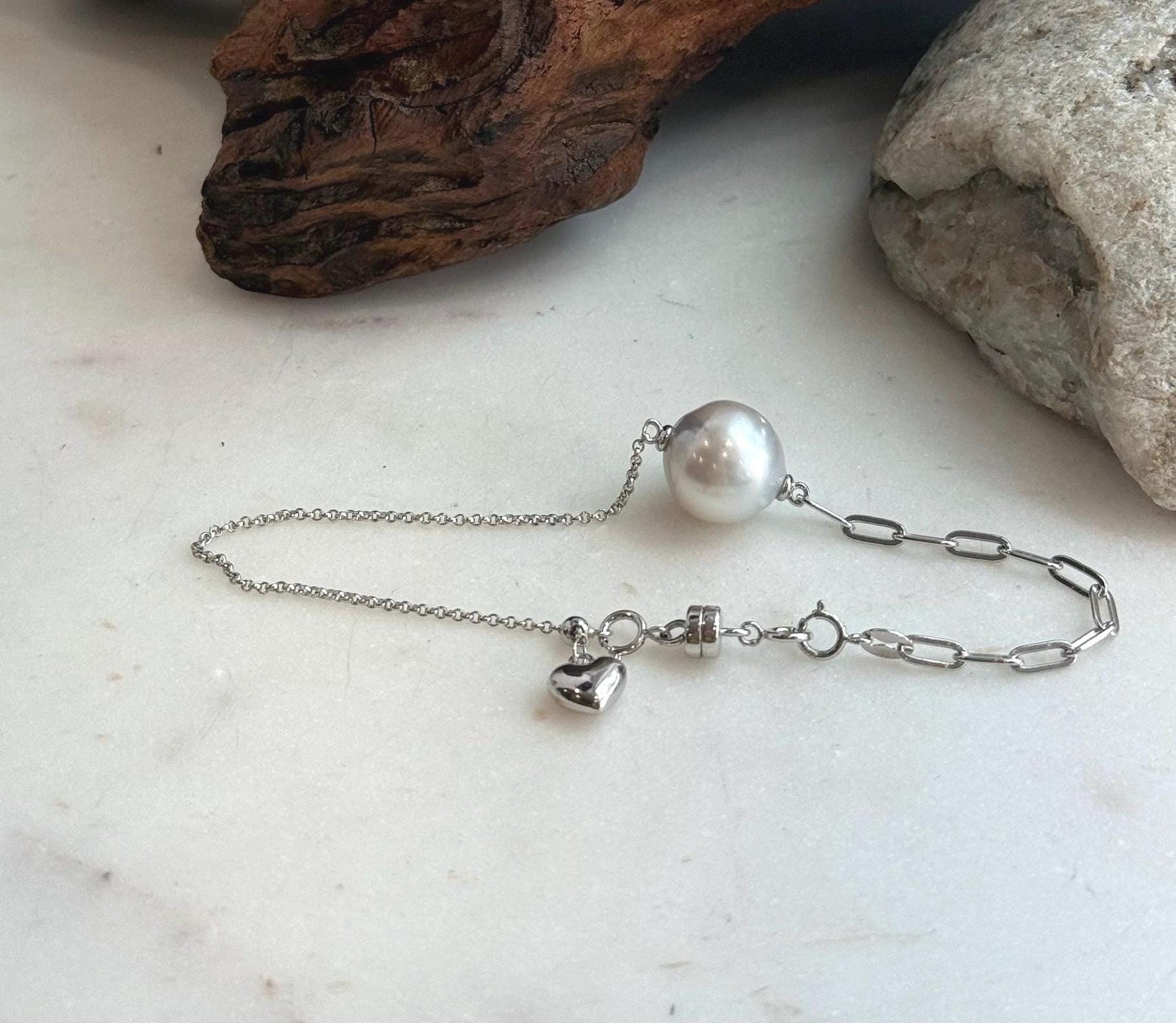Elly’s 12.9mm Australian Ocean white silver Pearl bracelet: Extreme luster, to 8.3”, S925 silver adjustable bracelet.