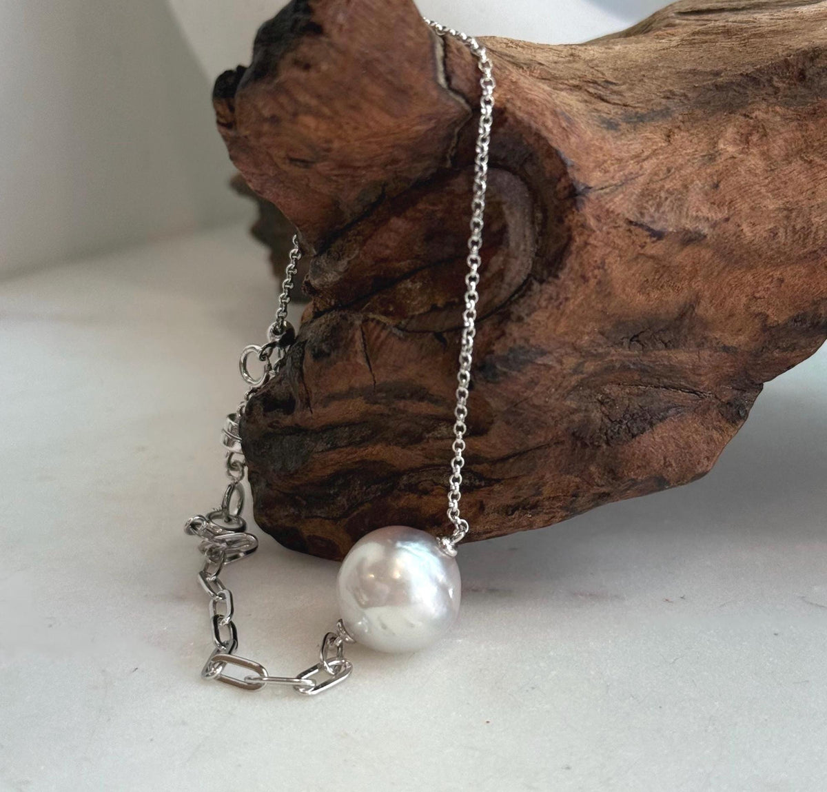 Elly’s 12.9mm Australian Ocean white silver Pearl bracelet: Extreme luster, to 8.3”, S925 silver adjustable bracelet.