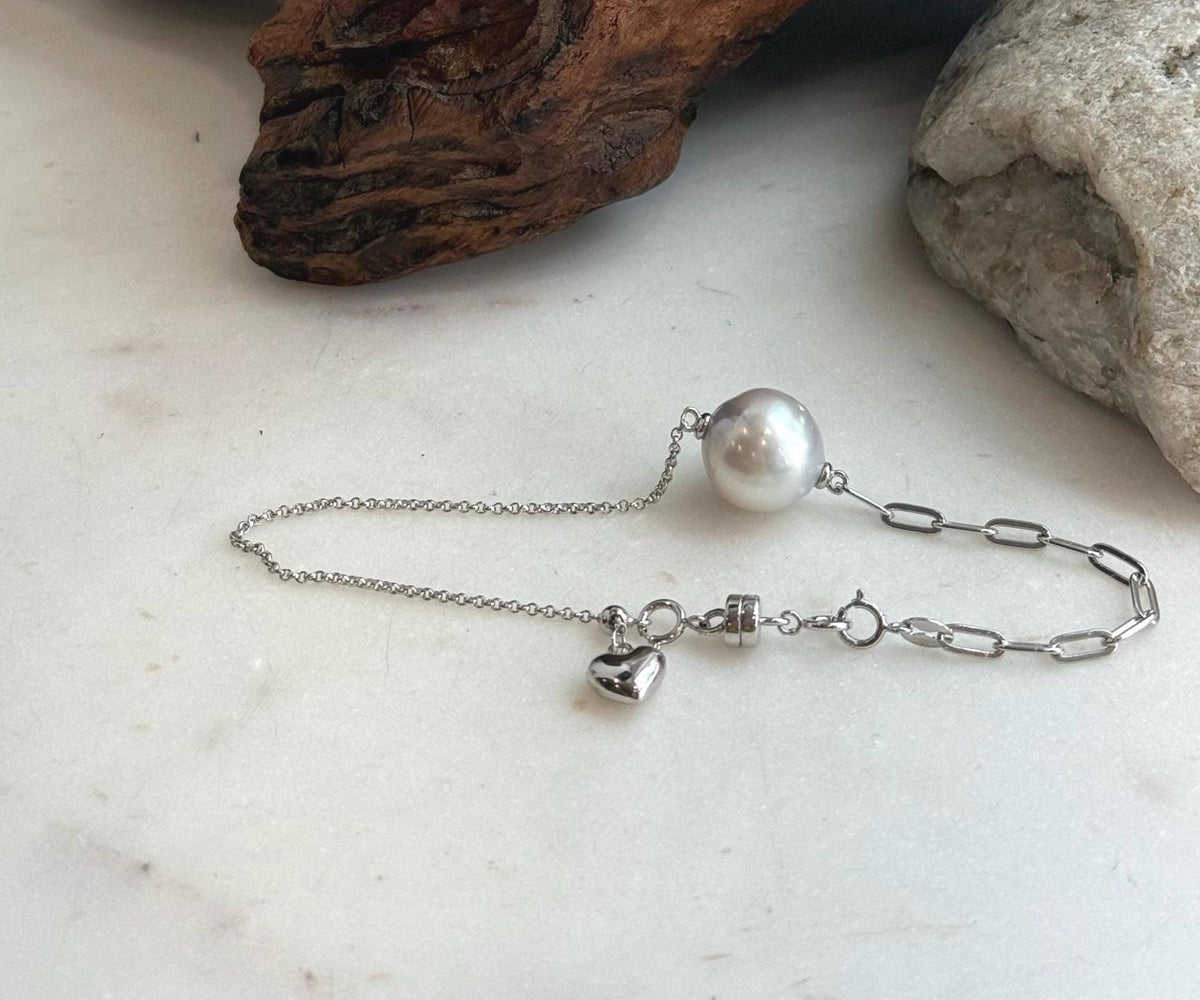 Elly’s 12.9mm Australian Ocean white silver Pearl bracelet: Extreme luster, to 8.3”, S925 silver adjustable bracelet.