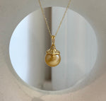 Elly’s 12.6mm South Sea deep Gold ocean Pearl pendant: Extreme luster mirrored, 2.4cm high, S925 silver w/ gold plated pendant.