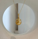 Elly’s 12.6mm South Sea deep Gold ocean Pearl pendant: Extreme luster mirrored, 2.4cm high, S925 silver w/ gold plated pendant.