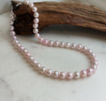 Elly’s 8.5-10.1mm Freshwater Pale Pink pearls necklace: Extreme luster mirrored, 17.5”, s925 silver necklace strand.