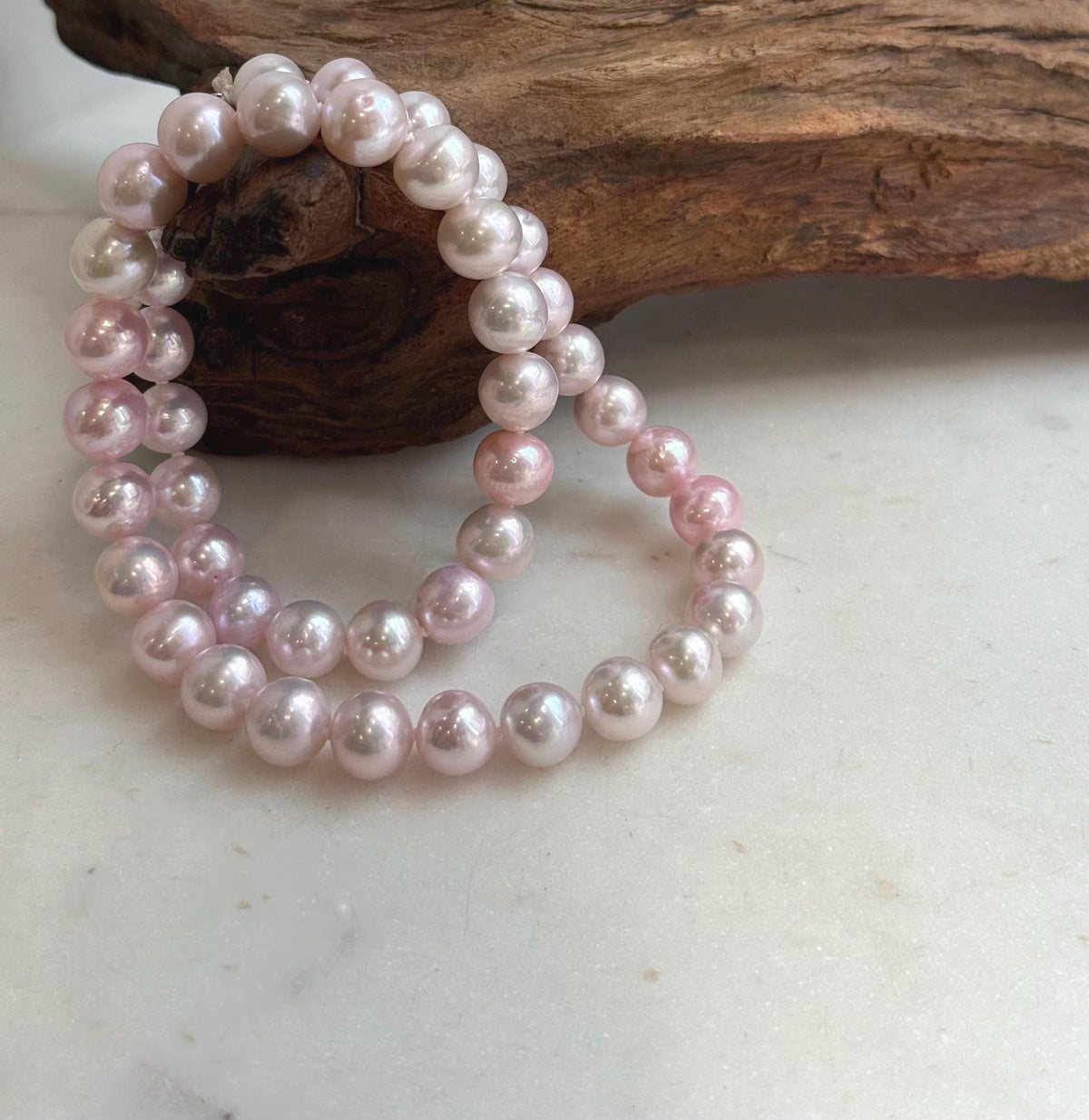 Elly’s 8.5-10.1mm Freshwater Pale Pink pearls necklace: Extreme luster mirrored, 17.5”, s925 silver necklace strand.