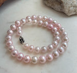 Elly’s 8.5-10.1mm Freshwater Pale Pink pearls necklace: Extreme luster mirrored, 17.5”, s925 silver necklace strand.