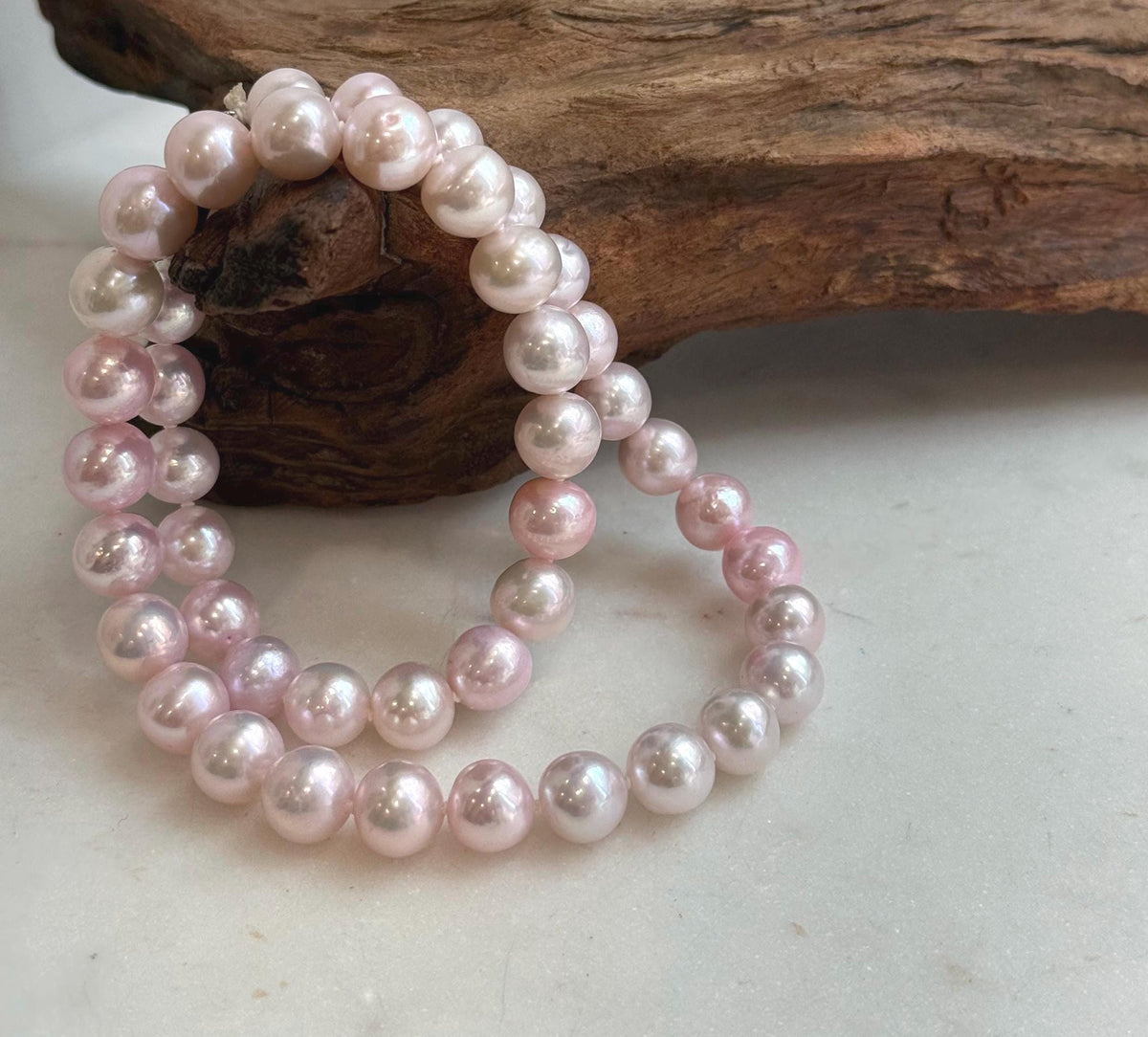 Elly’s 8.5-10.1mm Freshwater Pale Pink pearls necklace: Extreme luster mirrored, 17.5”, s925 silver necklace strand.