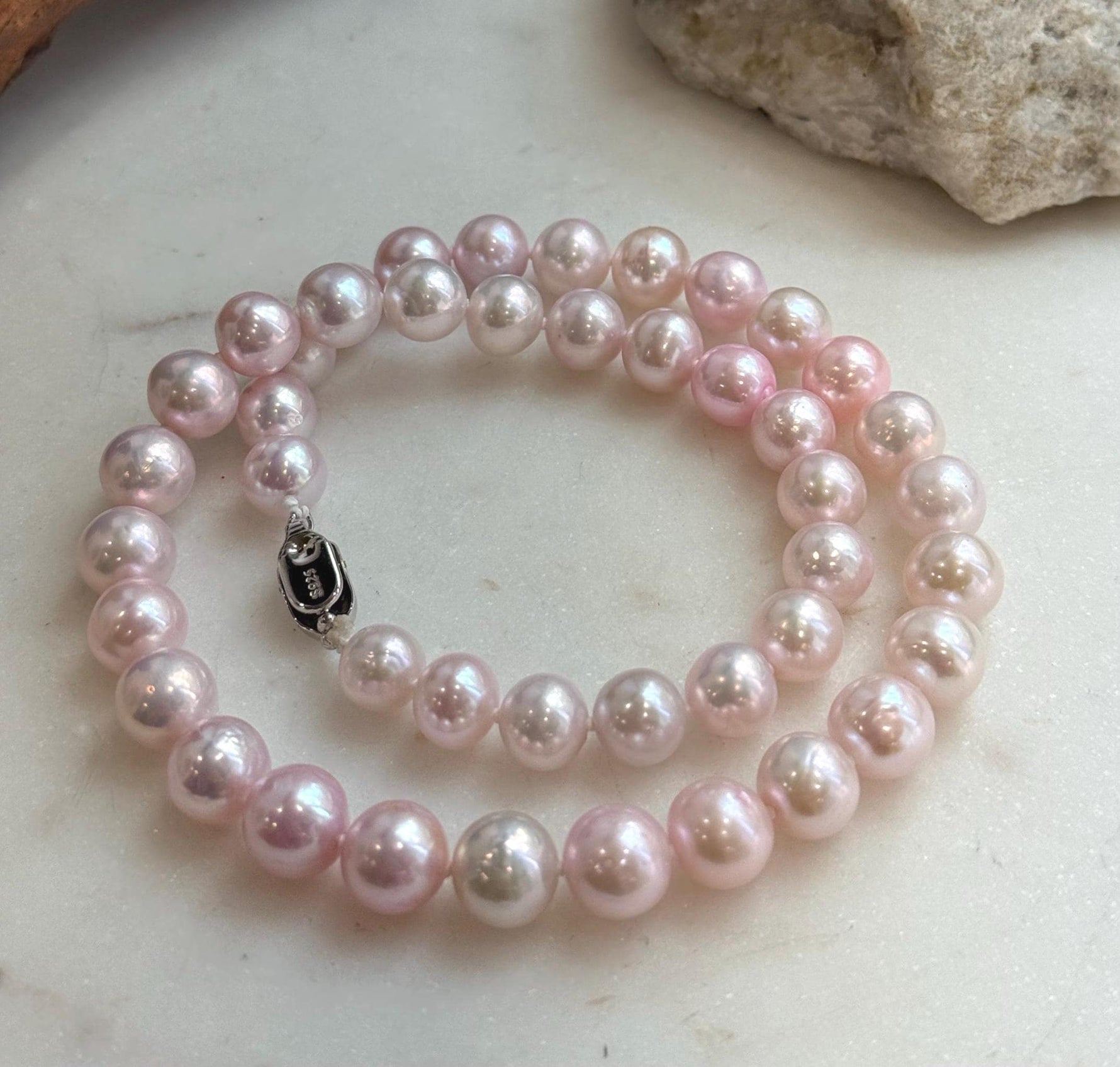 Elly’s 8.5-10.1mm Freshwater Pale Pink pearls necklace: Extreme luster mirrored, 17.5”, s925 silver necklace strand.