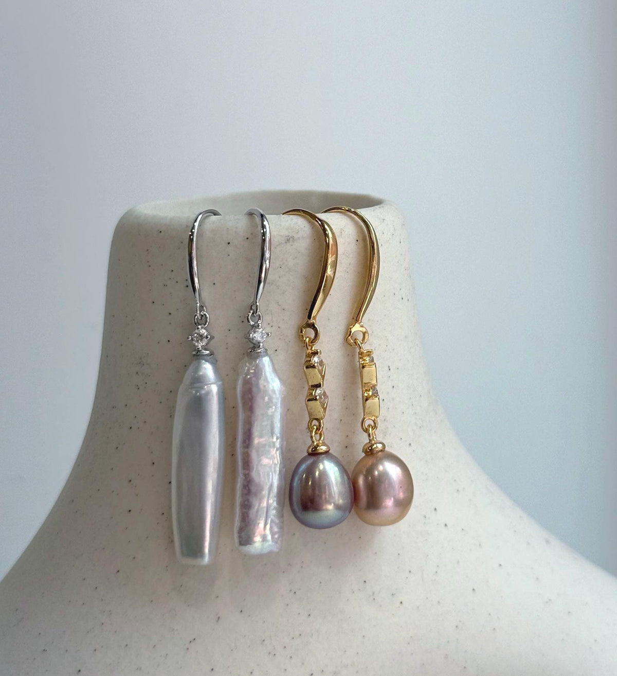 Elly’s 2 pairs Extremely strong luster natural Freshwater pearls s925 silver strip waterdrop earrings hooks. Daily cool earrings.