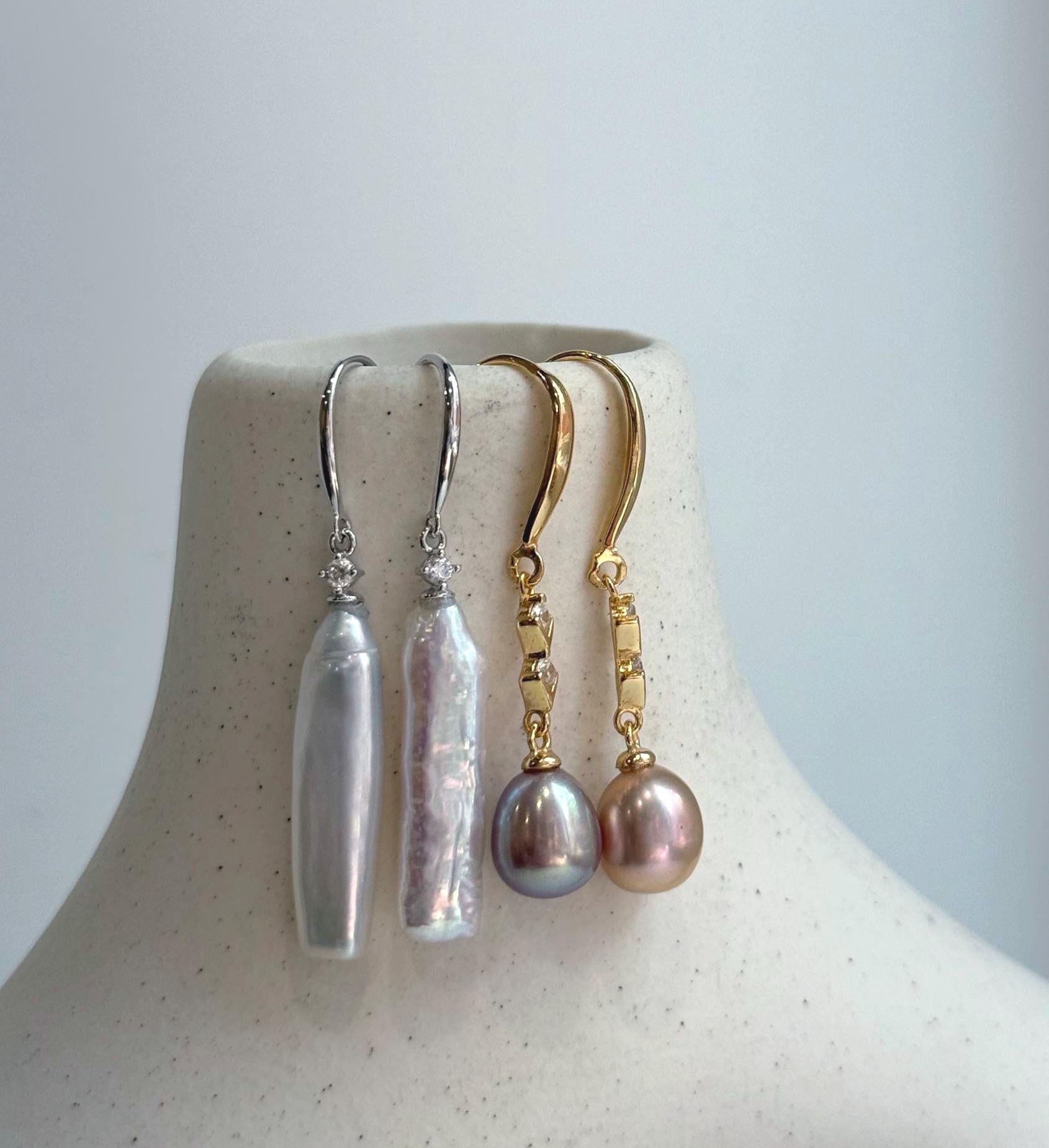 Elly’s 2 pairs Extremely strong luster natural Freshwater pearls s925 silver strip waterdrop earrings hooks. Daily cool earrings.
