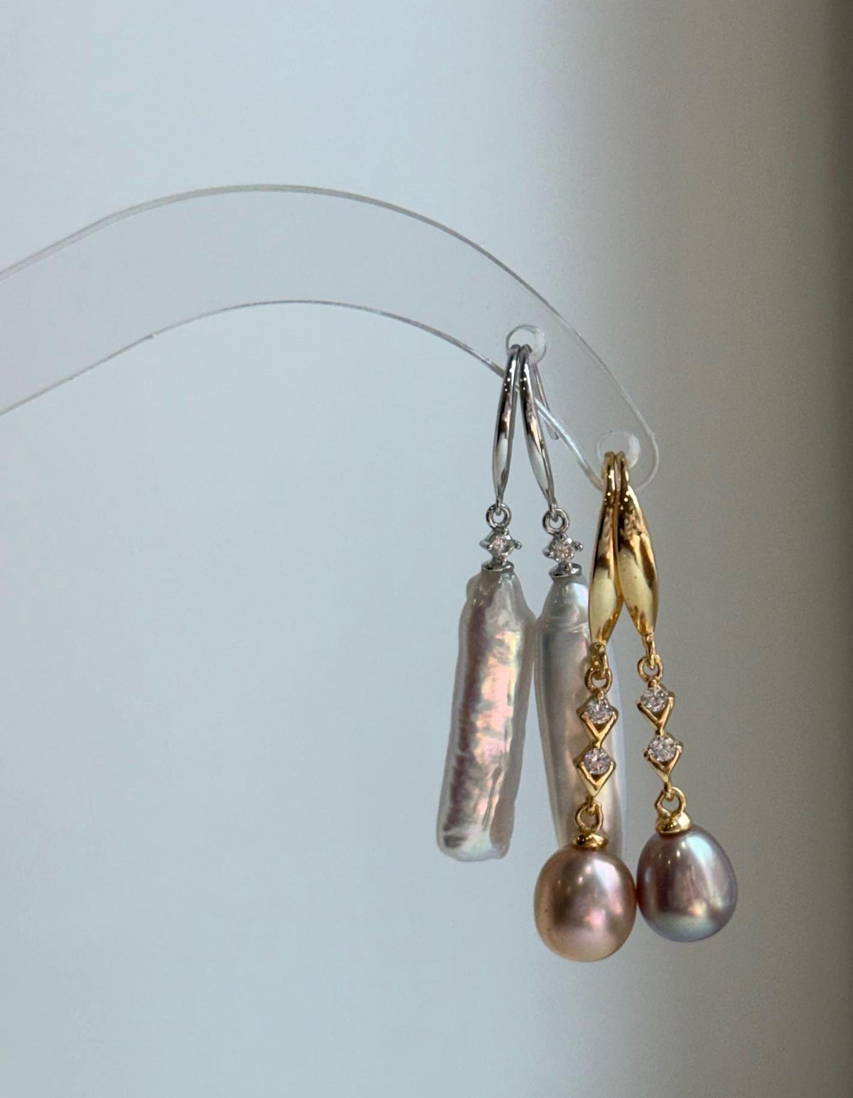Elly’s 2 pairs Extremely strong luster natural Freshwater pearls s925 silver strip waterdrop earrings hooks. Daily cool earrings.