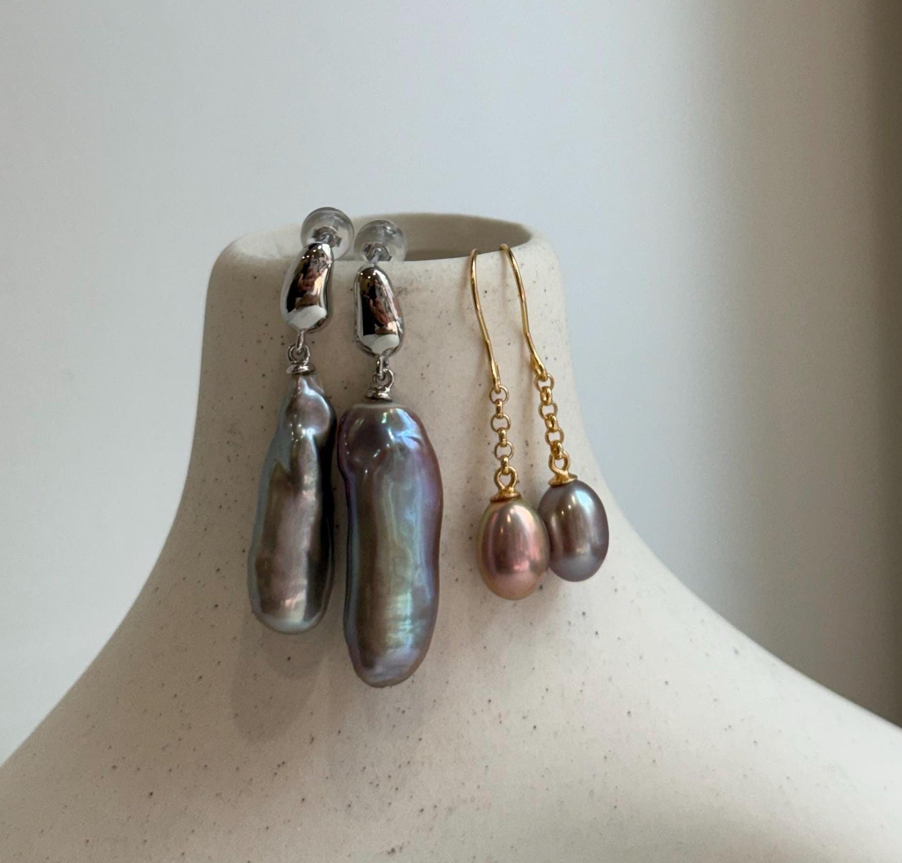 Elly’s 2 pairs Extremely strong luster natural Freshwater pearls s925 silver strip waterdrop strip earrings. Daily cool AB earrings.