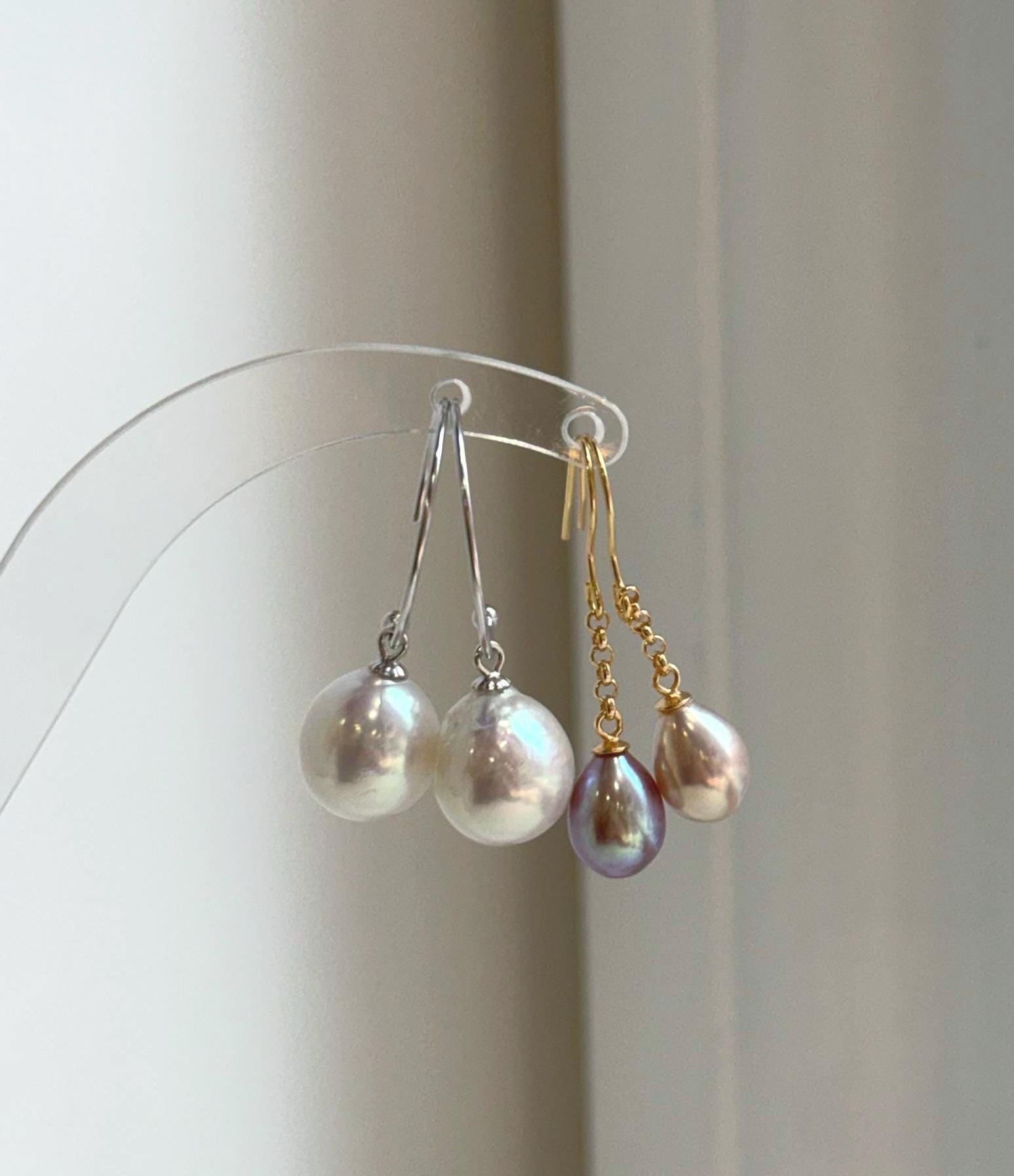Elly’s 2 pairs Extremely strong luster natural Freshwater Edison pearls s925 silver earrings hooks. Daily cool earrings.
