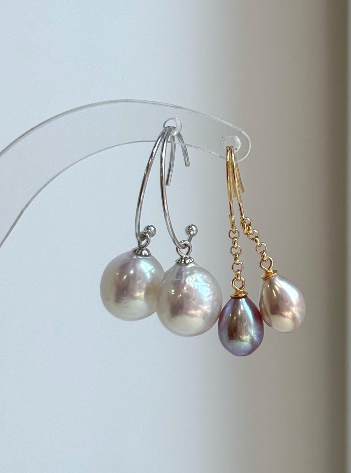 Elly’s 2 pairs Extremely strong luster natural Freshwater Edison pearls s925 silver earrings hooks. Daily cool earrings.