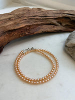 Elly’s 4.1-4.3mm Freshwater Peach gold Pearls Necklace: Extreme luster mirrored, To 18.1”, S925 silver necklace strand.