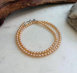 Elly’s 4.1-4.3mm Freshwater Peach gold Pearls Necklace: Extreme luster mirrored, To 18.1”, S925 silver necklace strand.