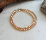 Elly’s 4.1-4.3mm Freshwater Peach gold Pearls Necklace: Extreme luster mirrored, To 18.1”, S925 silver necklace strand.