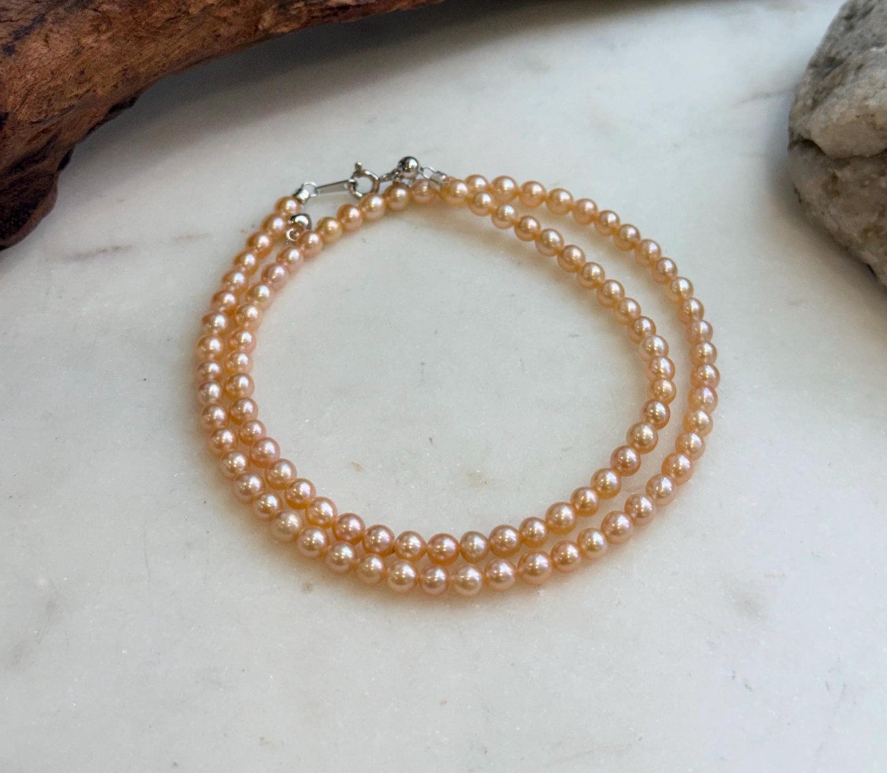 Elly’s 4.1-4.3mm Freshwater Peach gold Pearls Necklace: Extreme luster mirrored, To 18.1”, S925 silver necklace strand.