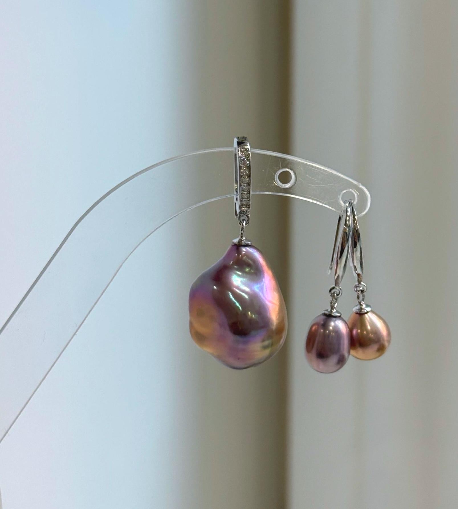 Elly’s Set of Pendant earrings, Extremely strong luster natural Freshwater baroque Keshi pearls, s925 silver Daily cool earrings pendant.