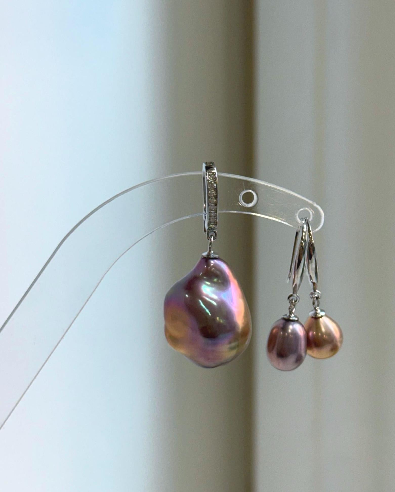 Elly’s Set of Pendant earrings, Extremely strong luster natural Freshwater baroque Keshi pearls, s925 silver Daily cool earrings pendant.