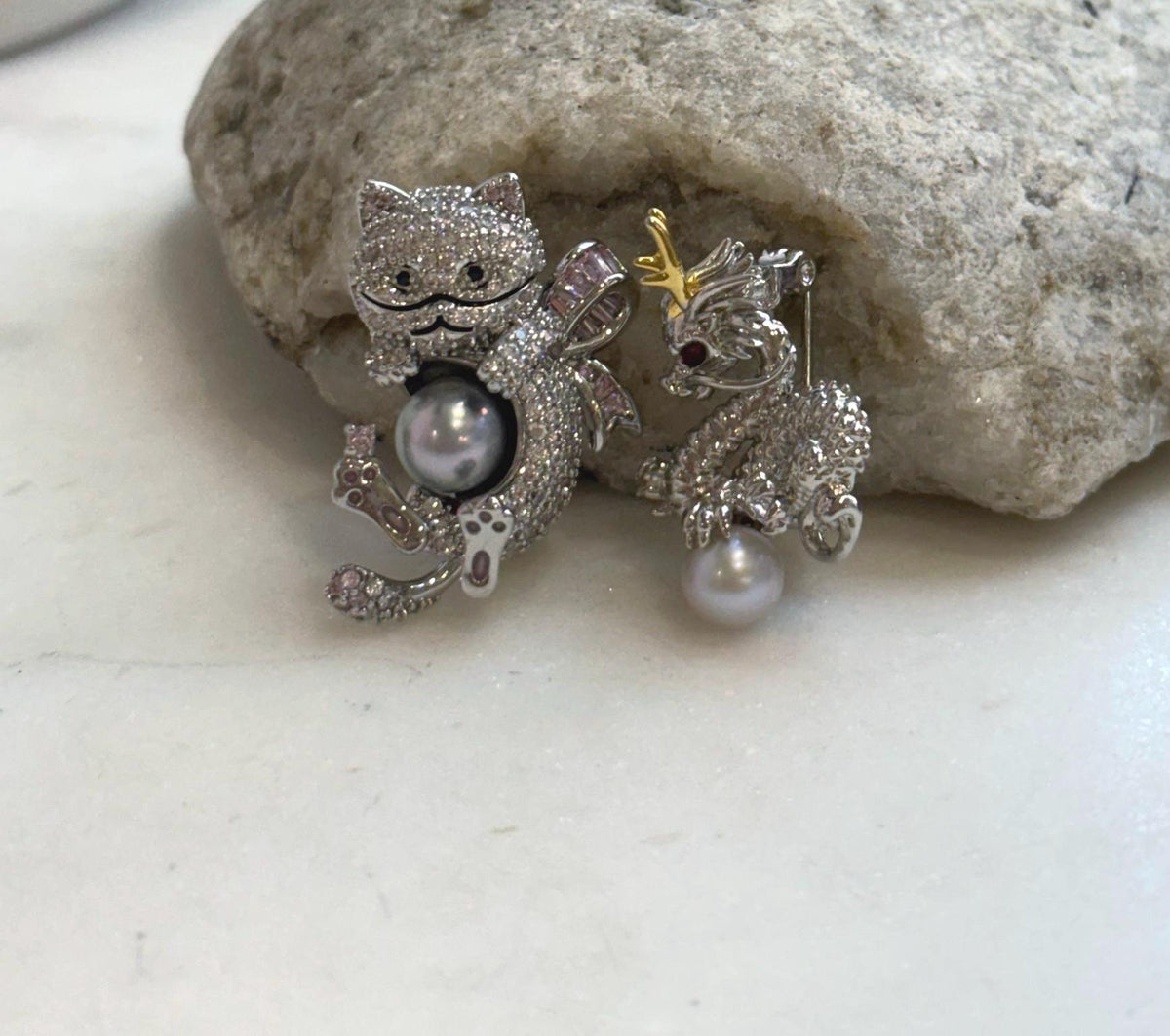 Elly’s Set of 2, Akoya blue silver ocean pearls, Dragon brooch, Civet cat brooch, daily office cool brooches.