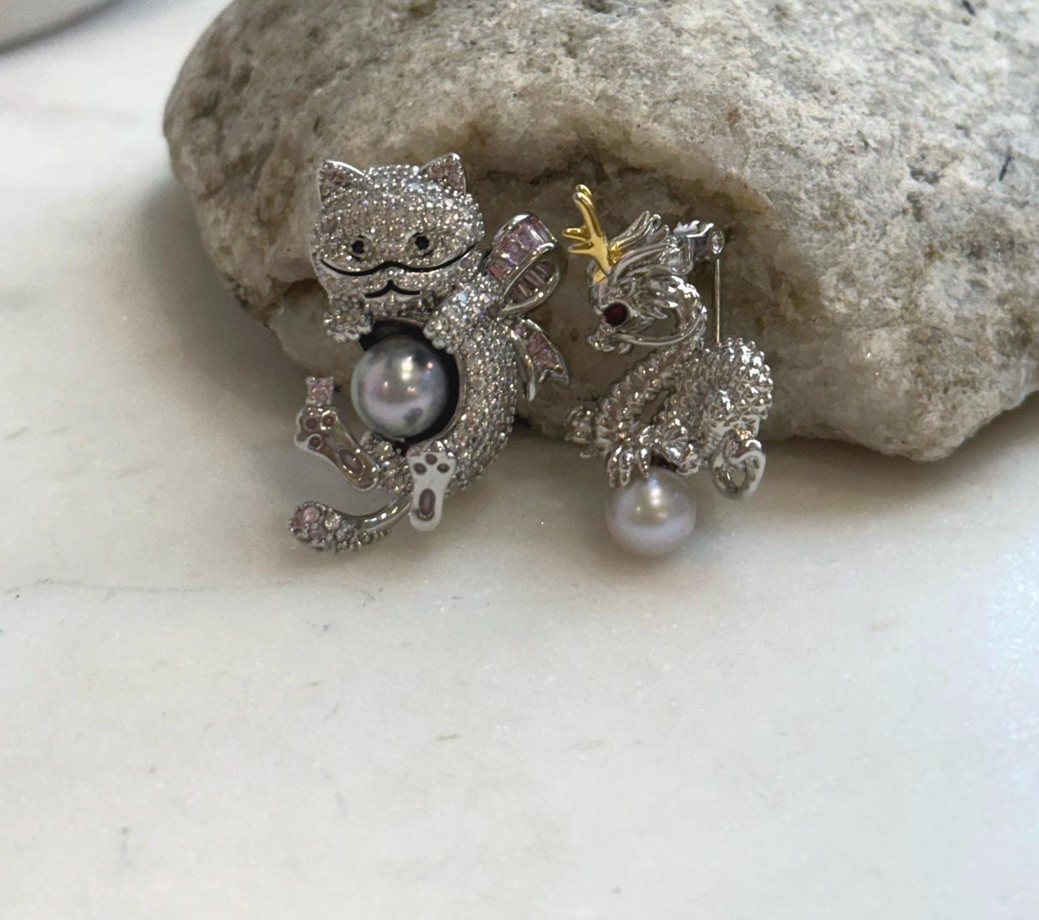 Elly’s Set of 2, Akoya blue silver ocean pearls, Dragon brooch, Civet cat brooch, daily office cool brooches.