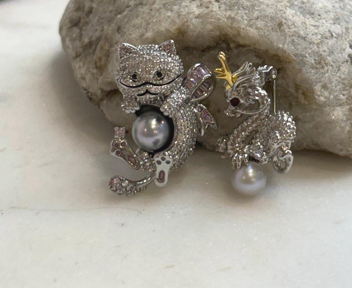 Elly’s Set of 2, Akoya blue silver ocean pearls, Dragon brooch, Civet cat brooch, daily office cool brooches.