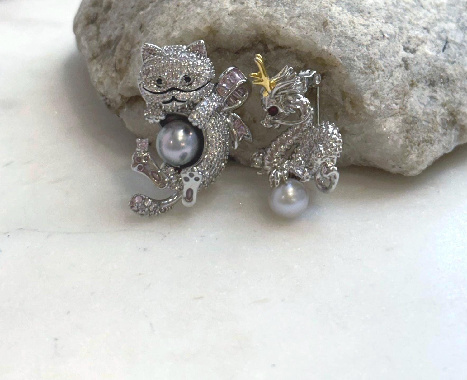 Elly’s Set of 2, Akoya blue silver ocean pearls, Dragon brooch, Civet cat brooch, daily office cool brooches.