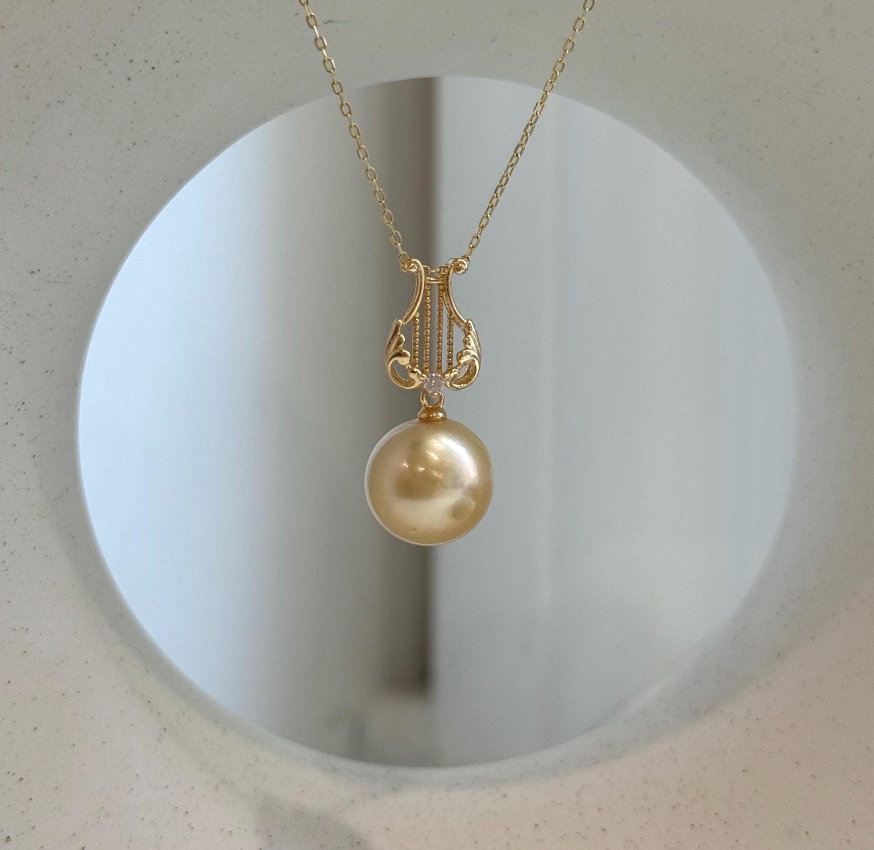 12.4mm South Sea Ultra Gold Pearl Pendant, Genuine Golden Saltwater Pearl, Mirror Luster, Gold-Plated S925 Silver Lyra Pendant, Luxury Gift