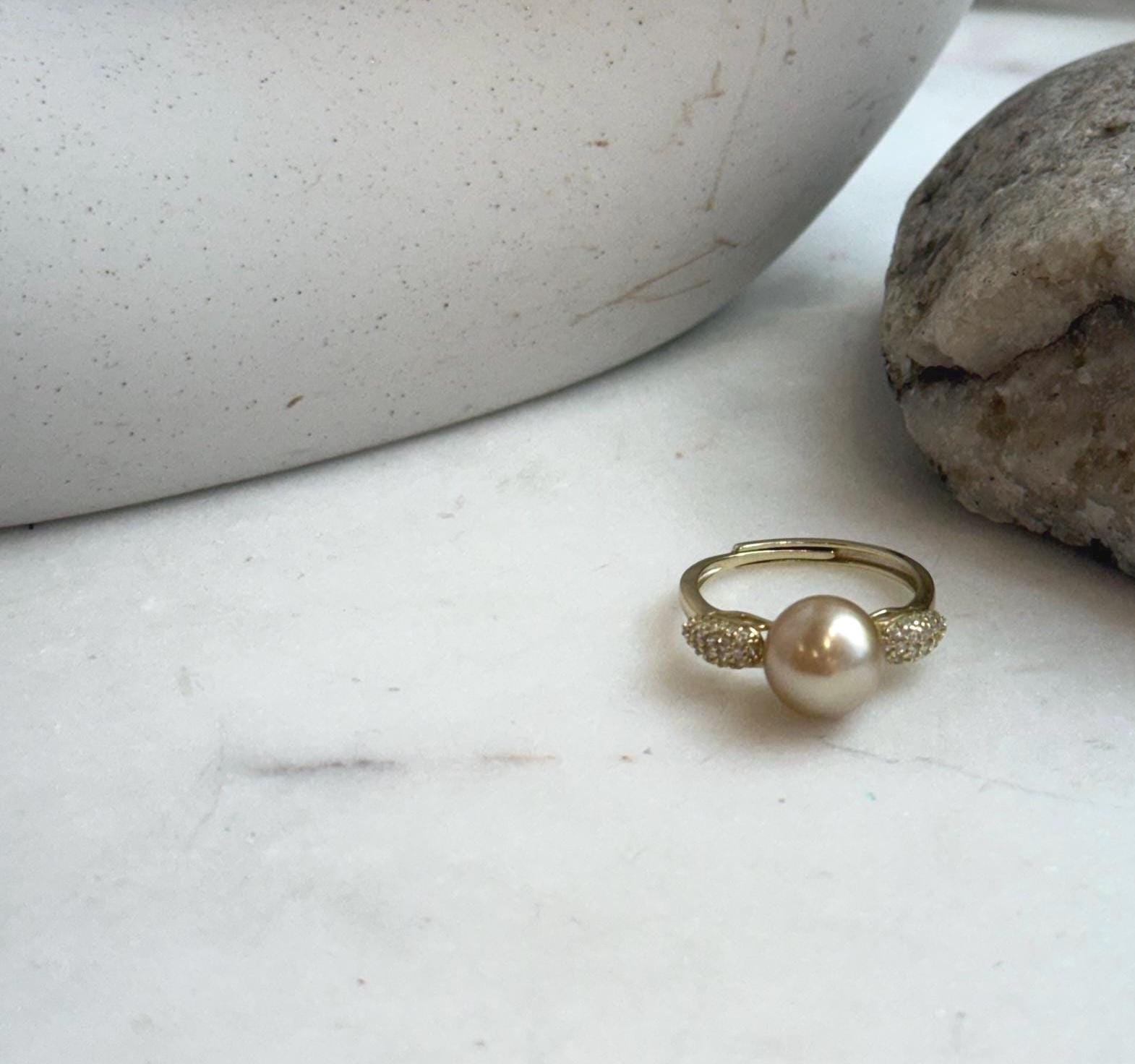 Elly’s 9.2mm South sea deep Tea gold ocean pearl Ring: Extreme luster, S925 silver with gold plated adjustable Vintage Ring.