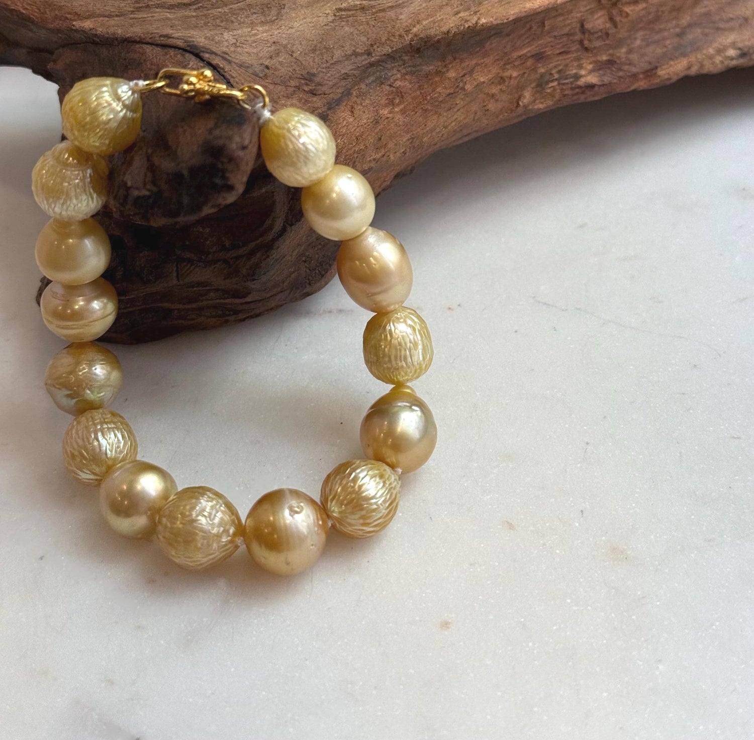Elly’s 10.3-12.3mm 15pcs Genius South sea golden Ocean Pearls bracelet: Extreme luster, 8.3”, S925 silver bracelet.