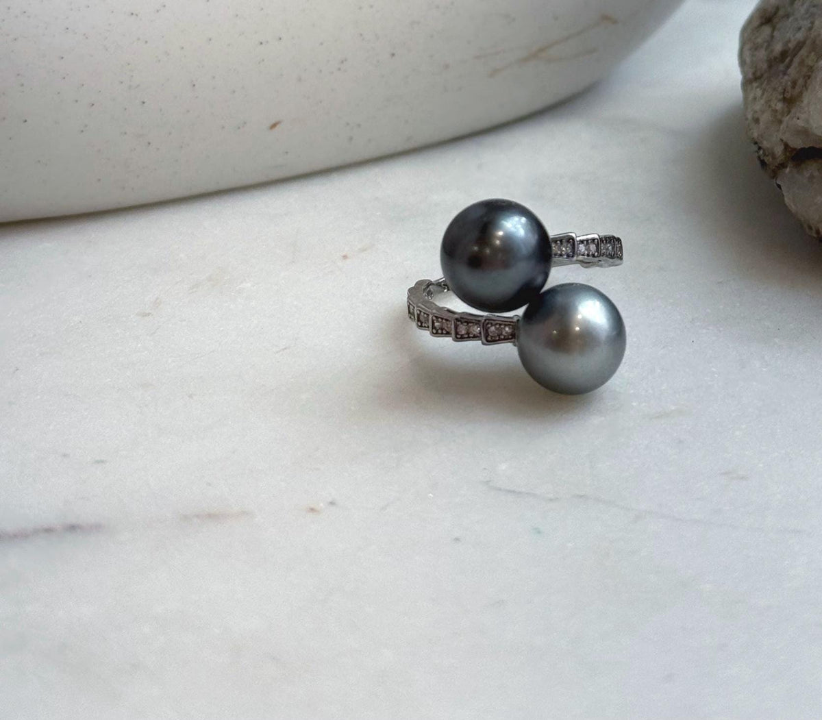 Elly’s Double Tahitian ocean pearls Ring: 9.9-10.1mm, Extreme luster mirrored, S925 Silver Adjustable Ring.