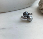Elly’s Double Tahitian ocean pearls Ring: 9.9-10.1mm, Extreme luster mirrored, S925 Silver Adjustable Ring.