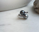 Elly’s Double Tahitian ocean pearls Ring: 9.9-10.1mm, Extreme luster mirrored, S925 Silver Adjustable Ring.