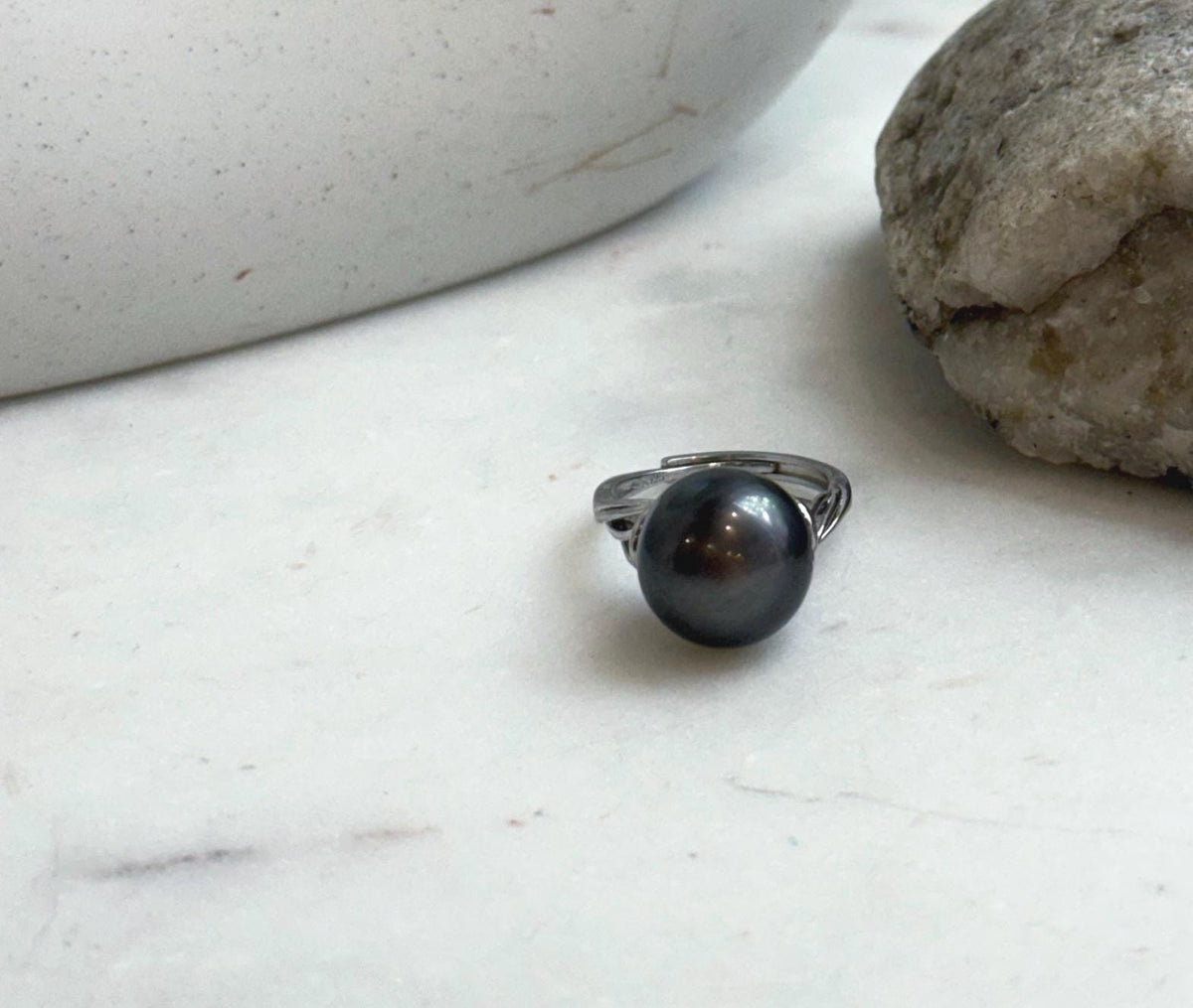 Elly’s 12.6mm Tahitian Ocean black platinum ocean Pearl Ring: Extreme luster mirrored, S925 silver adjustable Ring. Pearl Jewelry Idea.