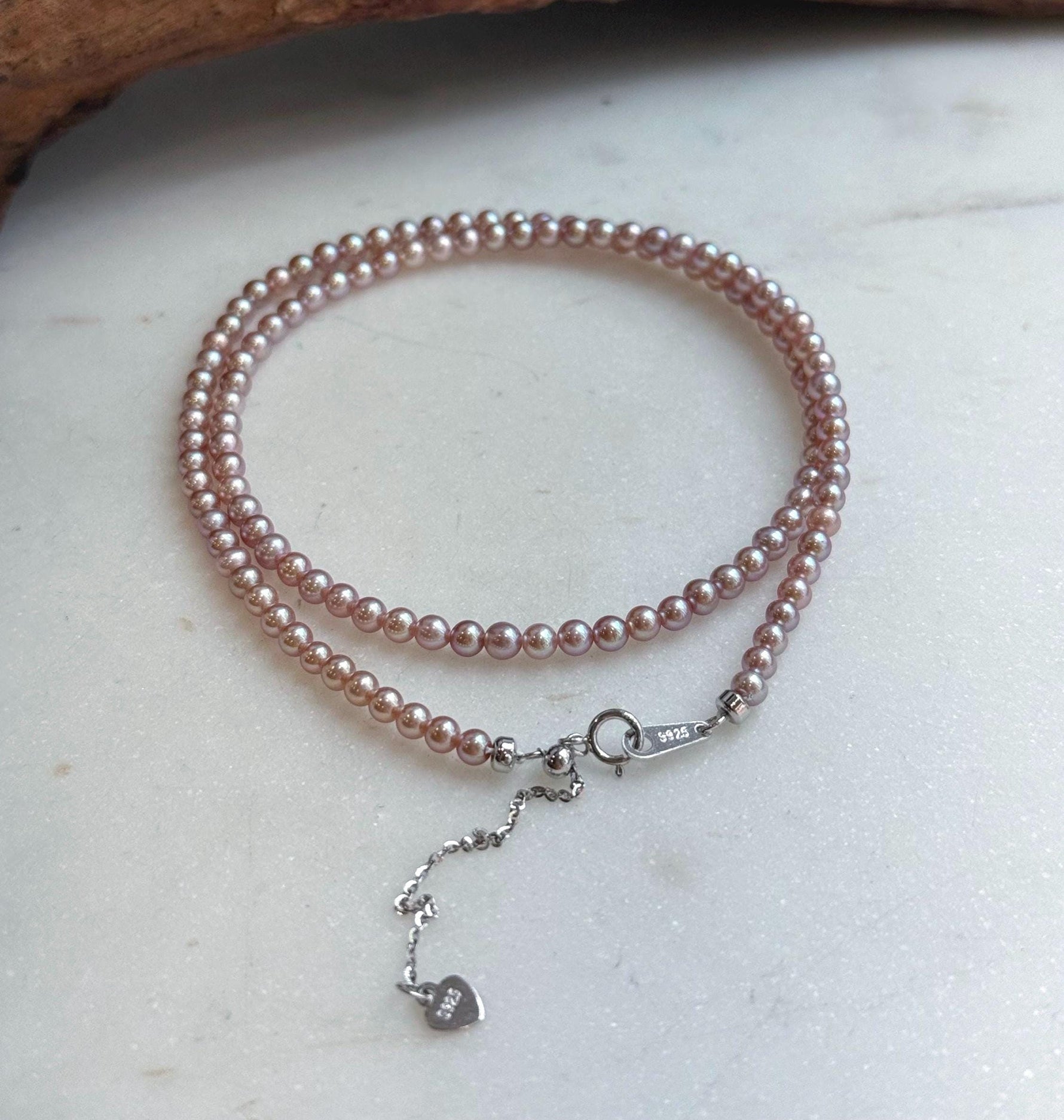 Elly’s Top quality 3.3-3.7mm Freshwater Metallic rose Pearls Necklace: Extreme luster mirrored, To 18.5”, S925 silver necklace strand.