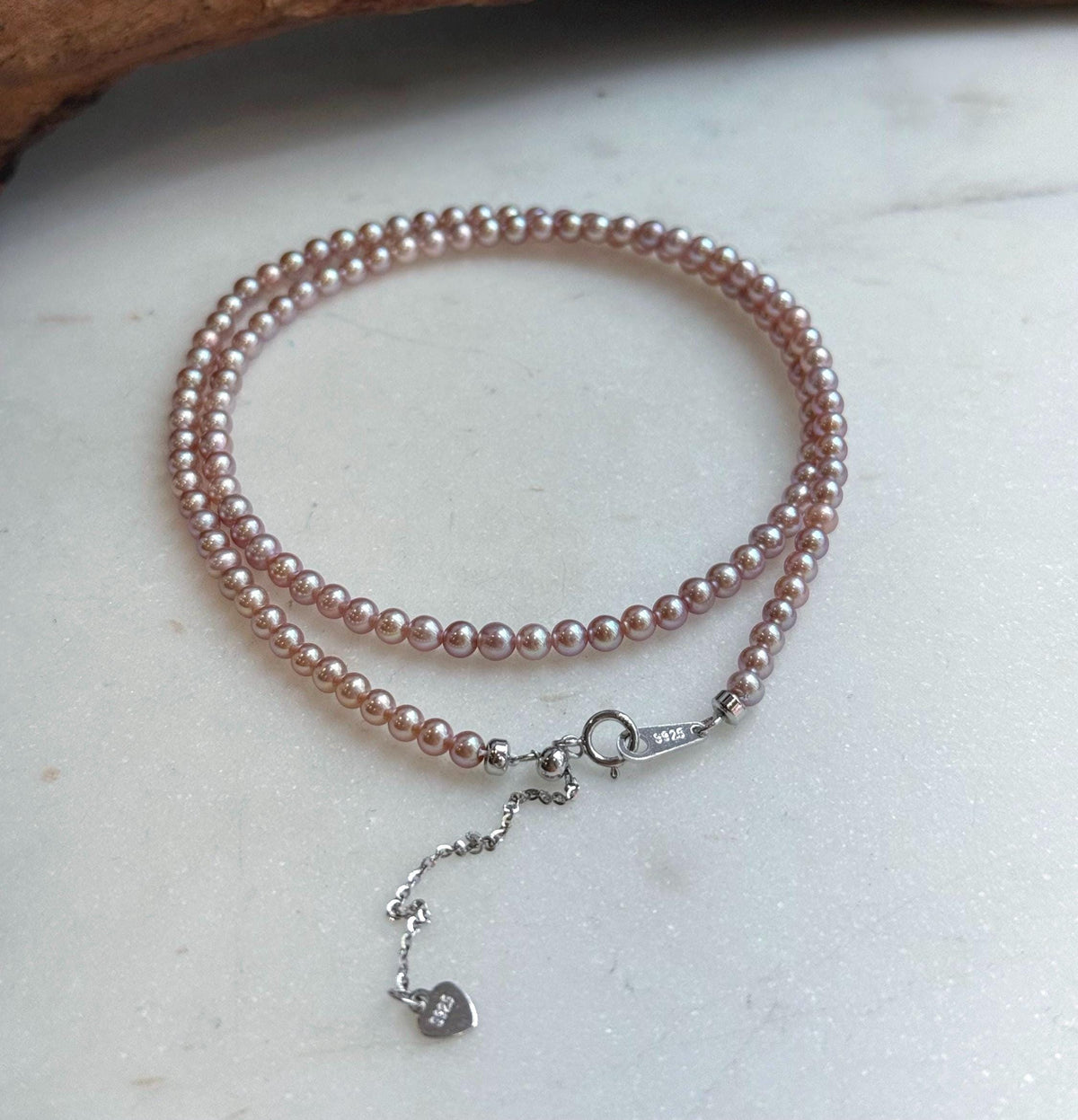 Elly’s Top quality 3.3-3.7mm Freshwater Metallic rose Pearls Necklace: Extreme luster mirrored, To 18.5”, S925 silver necklace strand.