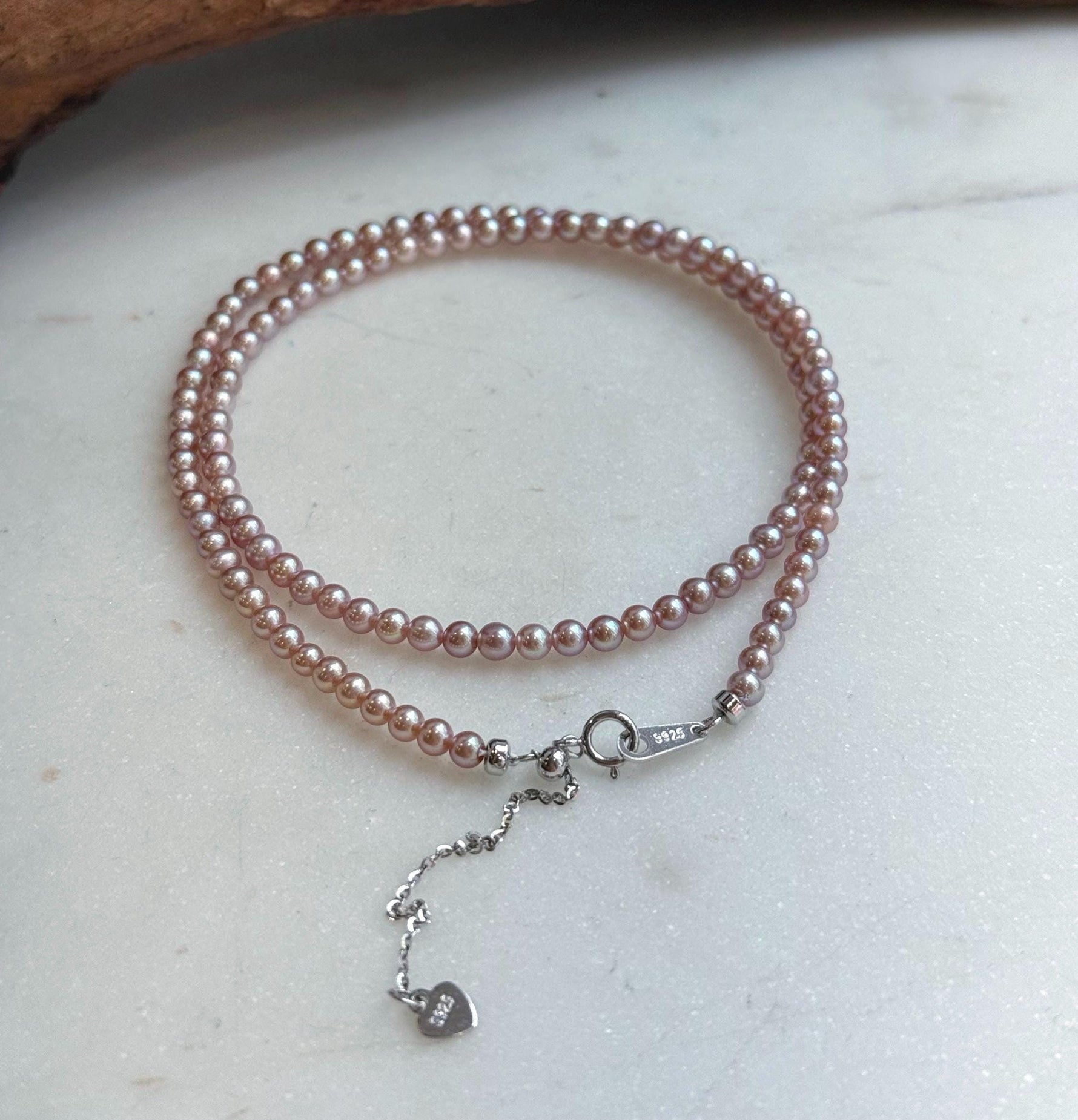 Elly’s Top quality 3.3-3.7mm Freshwater Metallic rose Pearls Necklace: Extreme luster mirrored, To 18.5”, S925 silver necklace strand.