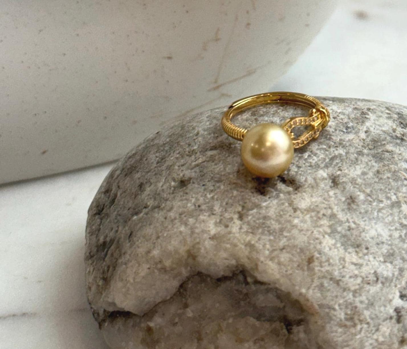 Elly’s 9.4mm South sea deep gold ocean pearl Ring: Extreme luster, S925 silver with gold plated adjustable Vintage Ring.