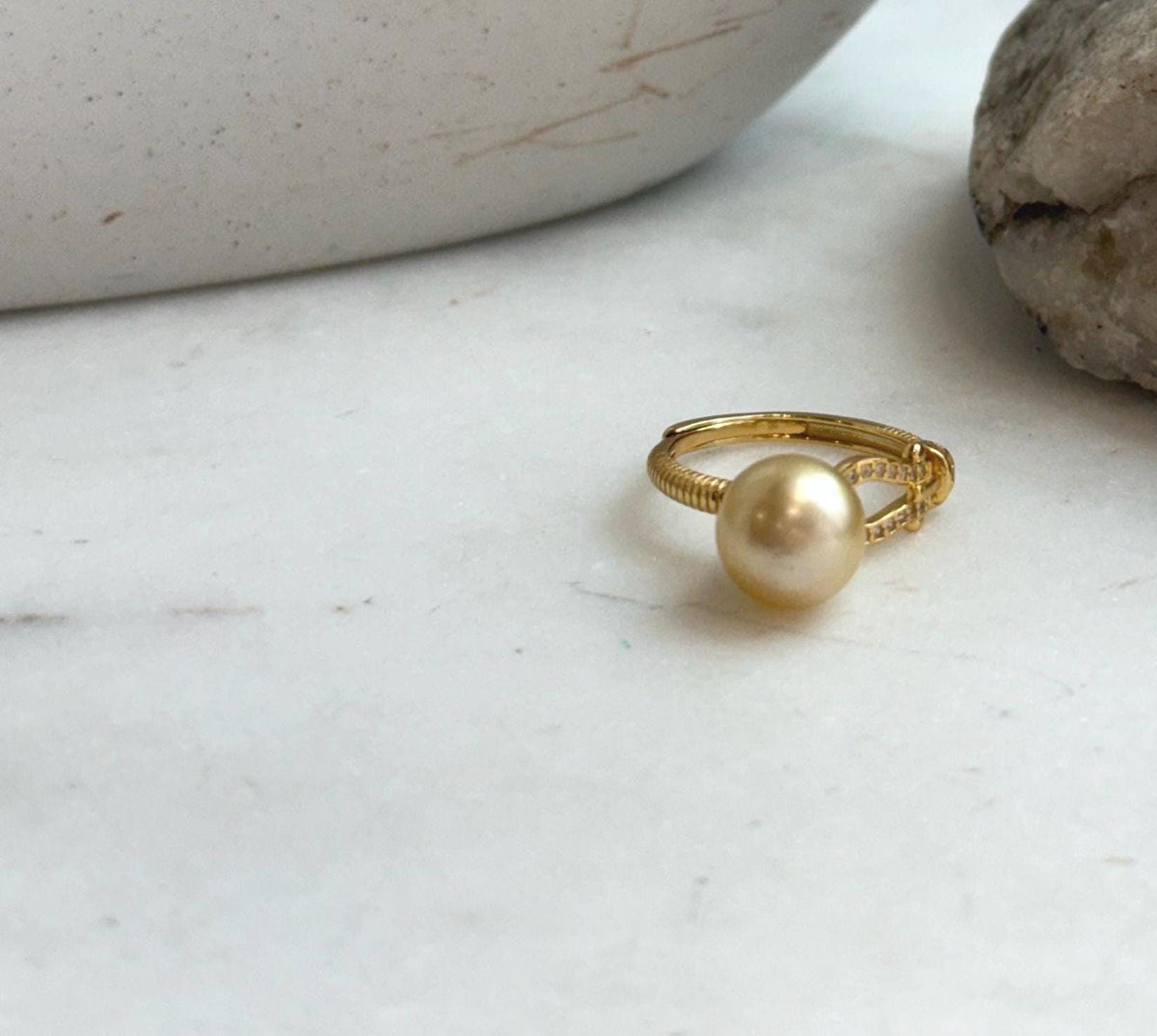 Elly’s 9.4mm South sea deep gold ocean pearl Ring: Extreme luster, S925 silver with gold plated adjustable Vintage Ring.