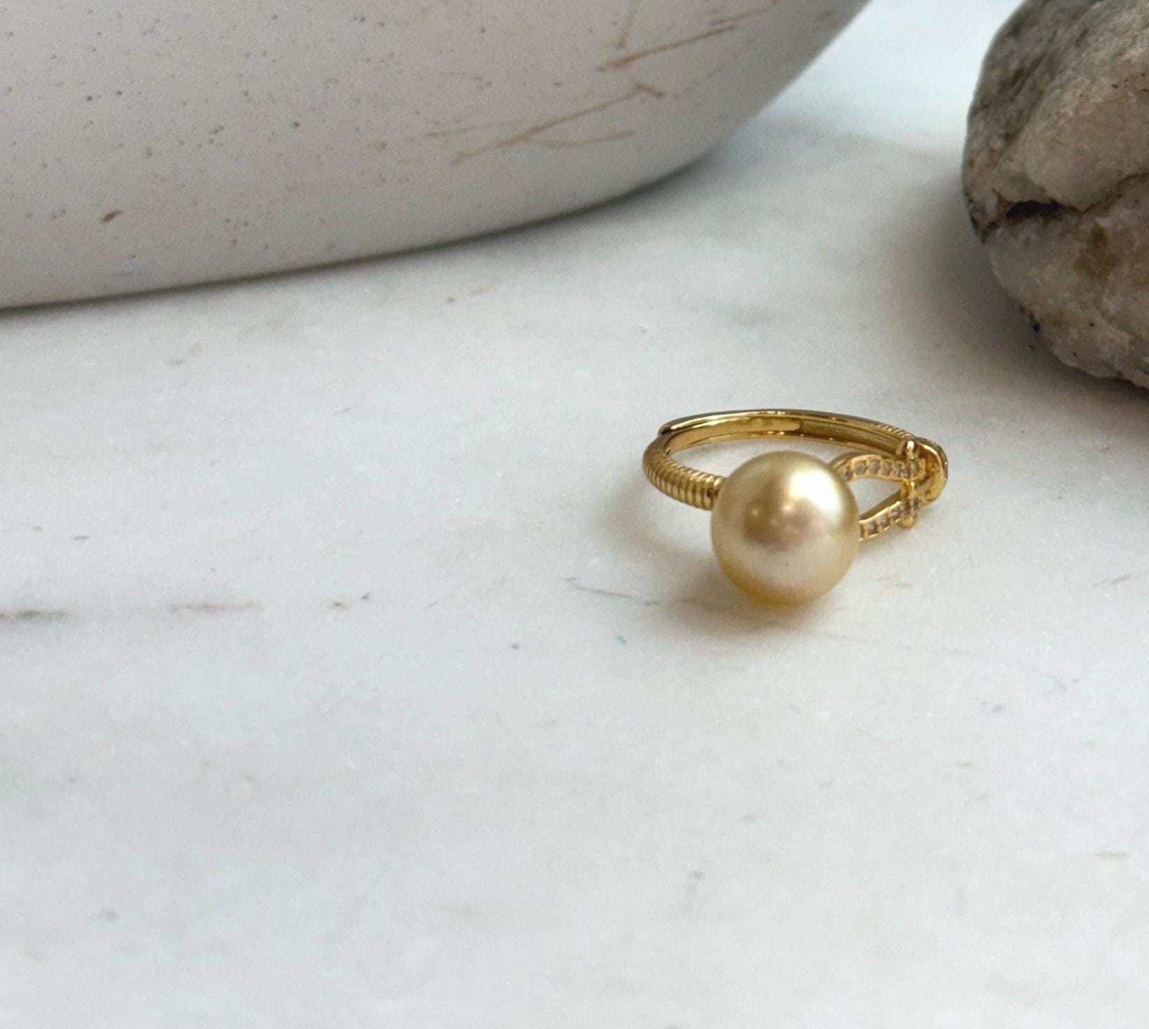 Elly’s 9.4mm South sea deep gold ocean pearl Ring: Extreme luster, S925 silver with gold plated adjustable Vintage Ring.